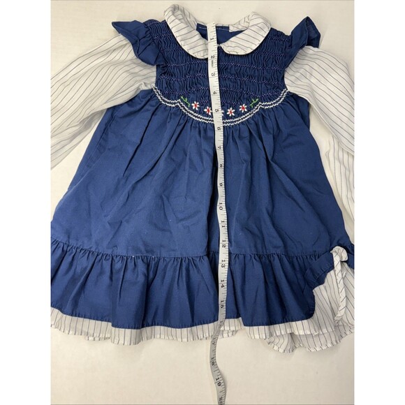 Vintage Swing Top Dress Blue & White Pinstripe Embroidered Long Sleeve Collar - Picture 8 of 10